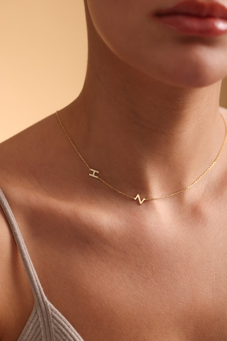 14K Solid GOLD initial Necklace,Letter Necklace,Sideways initial Necklace,Personalized initial necklace,Christmas gifts,Simple Gold Necklace image 3