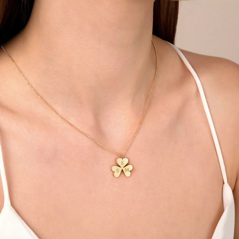 Gold Clover Necklace, 3 leaf clover necklace, Gold Shamrock Necklace, Personalized Necklace, Lucky Charm, Shamrock Charm, Mothers Day Gifts image 2