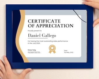 May include: A blue framed certificate of appreciation with gold accents. The certificate is presented to Daniel Gallego for outstanding sales performance in July 2022. The certificate is signed by Drew Feig, President and CEO, and dated 3rd May, 2022.