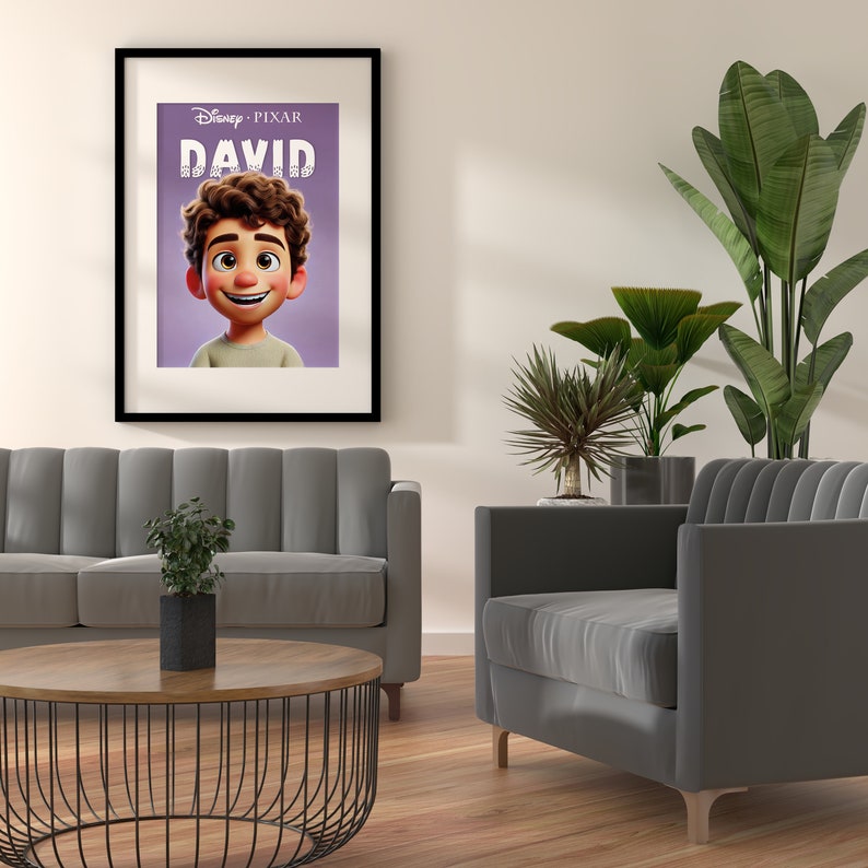K&ouml;nnte beinhalten: Ein gerahmtes Poster mit einem violetten Hintergrund, auf dem ein Cartoon-Junge mit braunen Haaren und einem hellbraunen Hemd zu sehen ist. Das Poster tr&auml;gt oben den Text "Disney Pixar DAVID".
