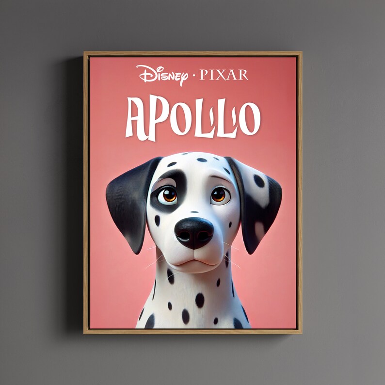 Personalized pet portrait in Disney Pixar style - Custom animation print from your dog's photo, ideal puppy birthday gift.