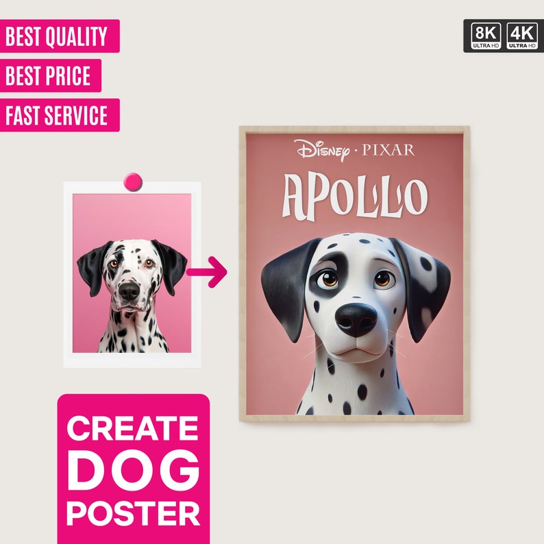 Personalized Disney Pixar dog movie poster - Turn your pet's photo into a cartoon, perfect birthday gift for dogs.