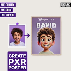 Poster del film Disney Pixar Stampa di animazione personalizzata dalla tua foto Ritratto artistico dei cartoni animati, regalo di compleanno per ragazzo e ragazza
