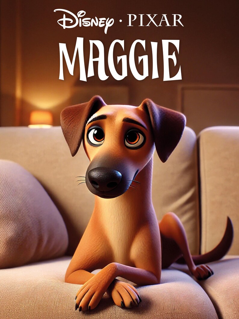 Custom Disney Pixar dog movie poster - Transform your pet’s photo into a cartoon portrait, special gift for puppy birthdays.