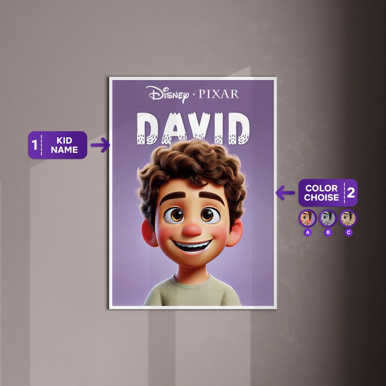 K&ouml;nnte beinhalten: Ein lilafarbener Poster mit dem Text "Disney Pixar" und "DAVID" in Wei&szlig;. Das Poster zeigt eine Comicfigur mit braunen Haaren und einem hellbraunen Hemd. Das Poster ist mit einem Namen und einer Farbwahl anpassbar.