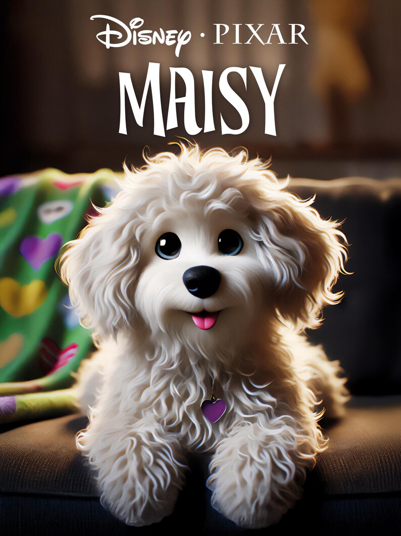Custom Disney Pixar dog movie poster - Transform your pet’s photo into a cartoon portrait, special gift for puppy birthdays.