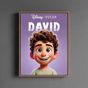 K&ouml;nnte beinhalten: Ein lilafarbener Hintergrund mit dem Text "Disney Pixar" und dem Namen "DAVID" in wei&szlig;en, stilisierten Buchstaben. Ein Cartoon-Junge mit braunen Locken und einem hellbraunen Hemd l&auml;chelt.
