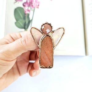 Handmade Angel Brooch, Stained glass, Strawberry Quartz, Iridescent Red Glass