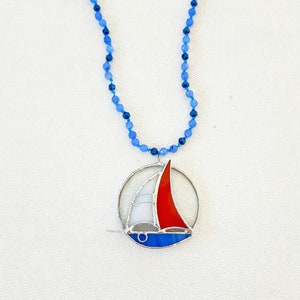 Stained Glass Sailing Necklace , sailboat , natural stone ,  natural stone necklace chain , gift