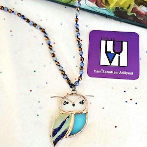 Handmade Owl Necklace, Happy Bird Gift, Unique, Colourful Glass, Lapis Lazuli, Agate & Hematite– Spiritual Jewelry for Wisdom and Protection