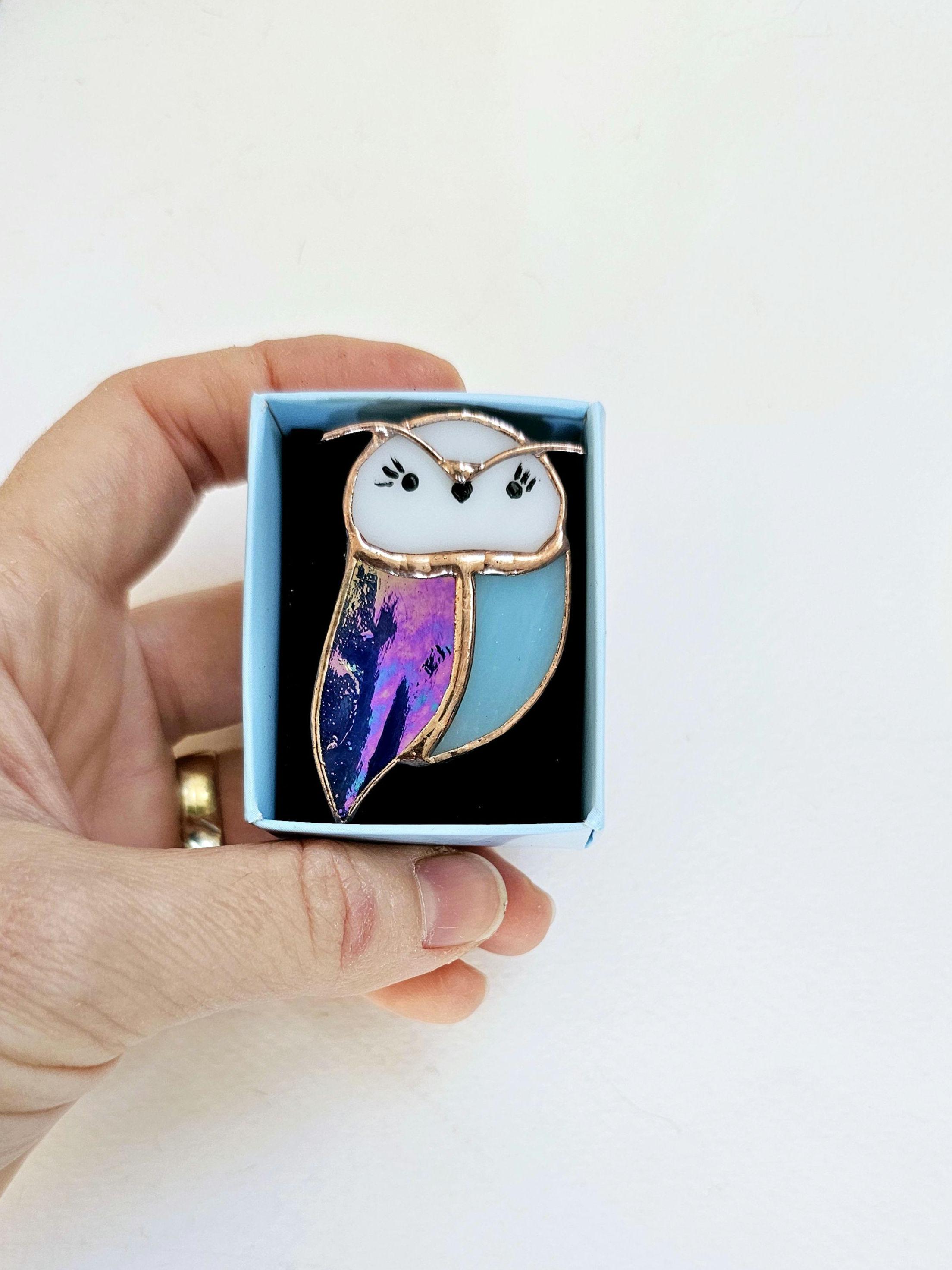 Handmade Stained Glass Owl Brooch: Modern Art Bird Pin