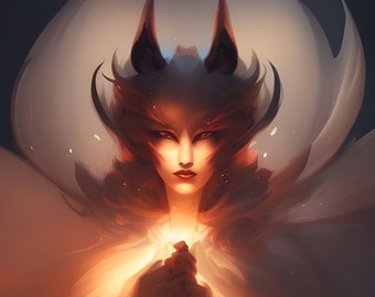 Portrait of a kitsune in the light, a Japanese shapeshifter for digital download