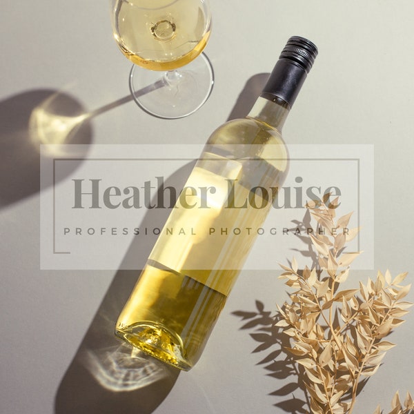 Blank White Wine Bottle Mock Up Image - Flatlay Wine Bottle Mockup Photo - Blank Wine Bottle Photography