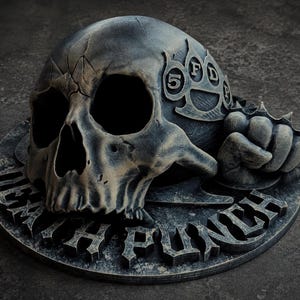 May include: A dark gray, weathered-finish decorative plaque featuring a human skull, a clenched fist wearing spiked brass knuckles, and the embossed text 5FDP and DEATH PUNCH. The circular object has a distressed, metallic appearance.