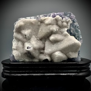 High Quality Fluorite and Quartz Large Slab Specimen - UV Reactive - Custom wood stand - 6.9 lbs!