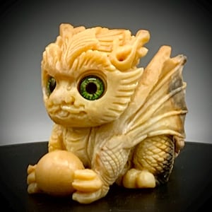 Baby Dragon and a Ball - Hand Carved - Crazy Lace Agate - UV reactive eyes - High Quality