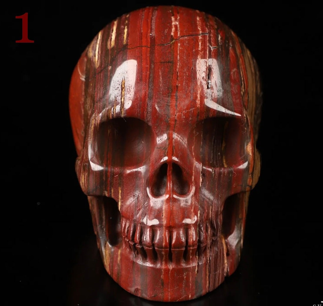 珍しい赤い縞模様のタイガーアイの頭蓋骨 - 手彫り - お気に入りをお