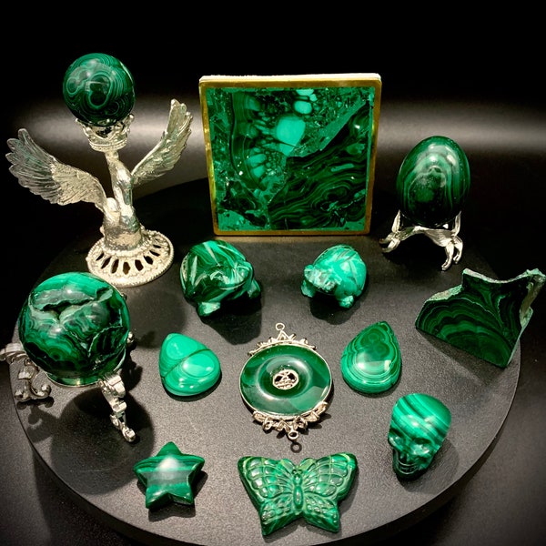 Malachite Lovers Dream! Stunning mini carvings - Skull, Spheres, Egg, Coaster, Butterfly, Frogs, Slab, Pendants, etc