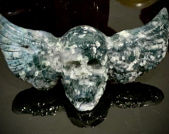 Winged Skull - Spotted Moss Agate - Hand Carved