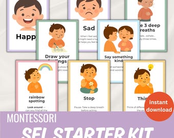 Può includere: Un set di schede Montessori SEL Starter Kit con illustrazioni di bambini e testo. Le schede presentano emozioni come "Felice" e "Triste", e strategie di coping come "Di' qualcosa di gentile". Le schede sono disponibili in 3 dimensioni.