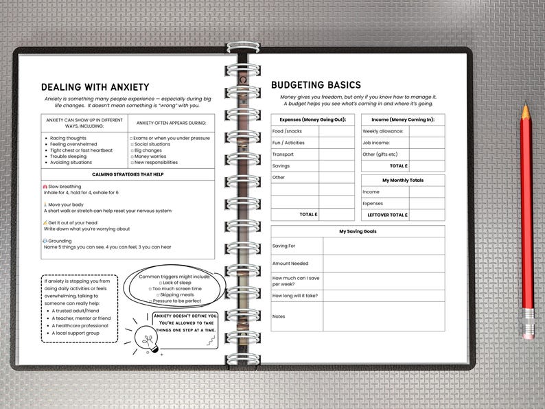 Pu&ograve; includere: Un quaderno a spirale aperto su due pagine con testo manoscritto e diagrammi. Una pagina tratta l'ansia, con sintomi e strategie calmanti. L'altra &egrave; un modello di budget. Una matita rossa &egrave; appoggiata a destra.