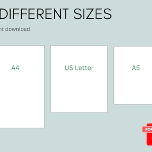 Pu&ograve; includere: Immagine che mostra tre diversi formati di carta: A4, US Letter e A5. Il testo "3 DIFFERENT SIZES" &egrave; in alto, con "instant download" sotto. Un'icona PDF rossa si trova nell'angolo in basso a destra.