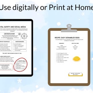Pu&ograve; includere: Una guida sulla sicurezza digitale su un tablet e una ricetta per uova strapazzate su una lavagna. Il testo recita "Use digitally or Print at Home". La guida tratta i confini online e la protezione della privacy.