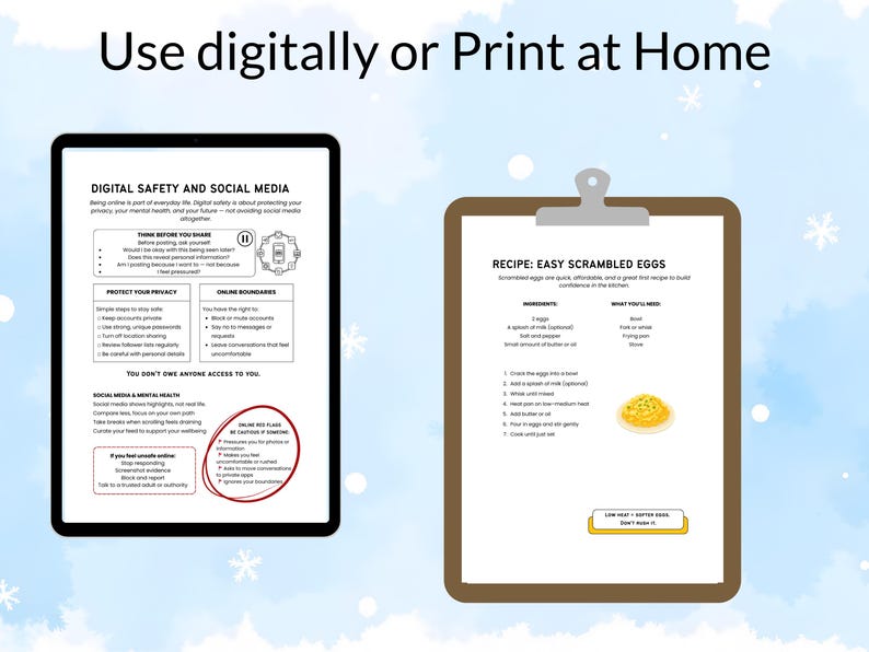 Pu&ograve; includere: Una guida sulla sicurezza digitale su un tablet e una ricetta per uova strapazzate su una lavagna. Il testo recita "Use digitally or Print at Home". La guida tratta i confini online e la protezione della privacy.
