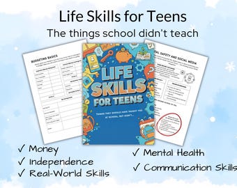 Op de afbeelding: Blauwe en witte afbeelding met de tekst "Life Skills for Teens" en "The things school didn't teach." De afbeelding bevat werkbladen over budgettering en digitale veiligheid, plus een boek getiteld "Life Skills for Teens."