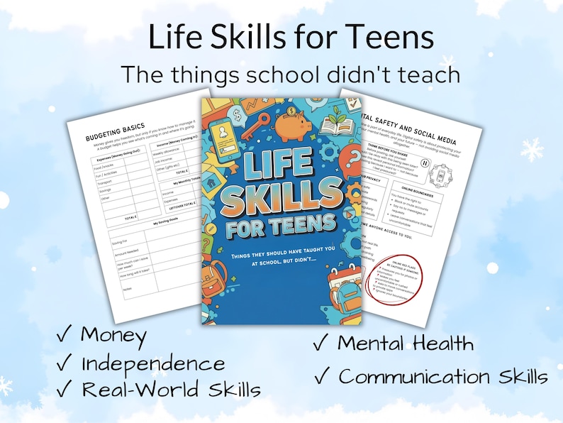 Pu&ograve; includere: Grafica blu e bianca con il testo "Life Skills for Teens" e "The things school didn't teach". L'immagine include fogli di lavoro su budgeting e sicurezza digitale, pi&ugrave; un libro intitolato "Life Skills for Teens".