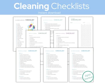 May include: Printable cleaning checklists for different areas of the home, including the kitchen, bathroom, bedroom, office, and home. The checklists are organized by weekly, monthly, and seasonal tasks. The text "Cleaning Checklists" and "Instant Download" are at the top of the page.