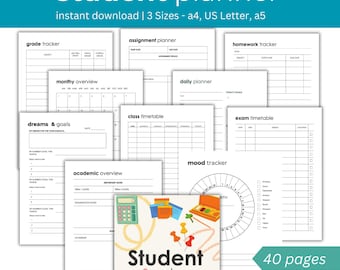Può includere: Un planner per studenti stampabile di 40 pagine. Il planner include sezioni per il monitoraggio dei voti, la pianificazione degli incarichi, il monitoraggio dei compiti, la pianificazione mensile e giornaliera, gli orari delle lezioni e degli esami, i sogni e gli obiettivi, la panoramica accademica e il monitoraggio dell'umore. Il planner è illustrato con colorati articoli scolastici e una lavagna.