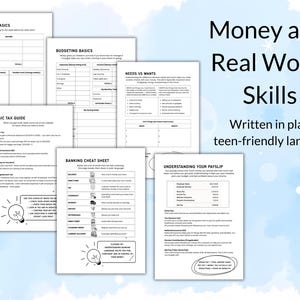Pu&ograve; includere: Una raccolta di documenti cartacei bianchi con testo e illustrazioni su sfondo azzurro chiaro. I documenti trattano argomenti come budget, tasse e operazioni bancarie, con il titolo "Money and Real World Skills" e il sottotitolo "Written in plain, teen-friendly language."