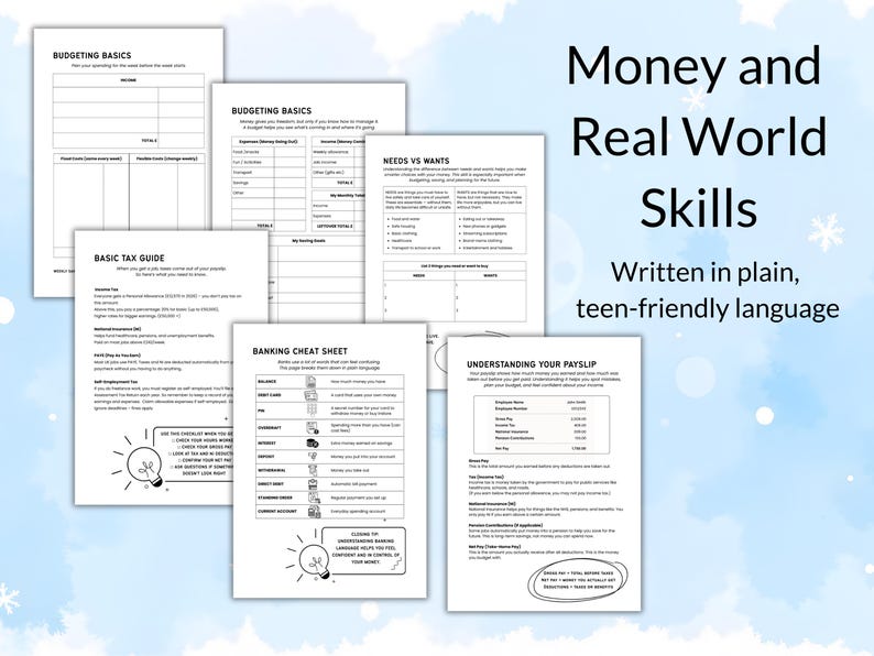 Pu&ograve; includere: Una raccolta di documenti cartacei bianchi con testo e illustrazioni su sfondo azzurro chiaro. I documenti trattano argomenti come budget, tasse e operazioni bancarie, con il titolo "Money and Real World Skills" e il sottotitolo "Written in plain, teen-friendly language."
