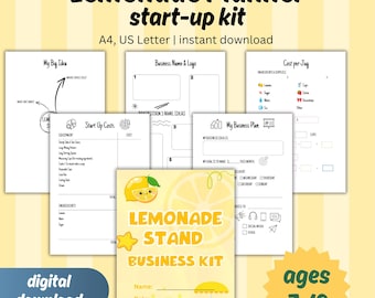Può includere: Un kit di avvio Lemonade Planner con diverse pagine stampabili tra cui My Big Idea, Business Name & Logo, Cost per Jug, Start Up Costs e My Business Plan. La copertina presenta un limone giallo e il testo Lemonade Stand Business Kit per bambini dai 7 ai 12 anni, disponibile come download digitale.