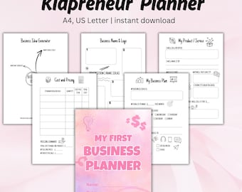 Può includere: Una raccolta di pagine di pianificazione stampabili per giovani imprenditori. La copertina di "My First Business Planner" è rosa con un'illustrazione a matita. Altre pagine includono sezioni per idee di business, analisi dei costi e business plan.