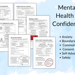 Pu&ograve; includere: Una raccolta di fogli informativi in bianco e nero su argomenti di salute mentale, tra cui ansia, confini e consenso. Il titolo "Mental Health & Confidence" &egrave; visualizzato con elenchi puntati che elencano gli argomenti chiave.