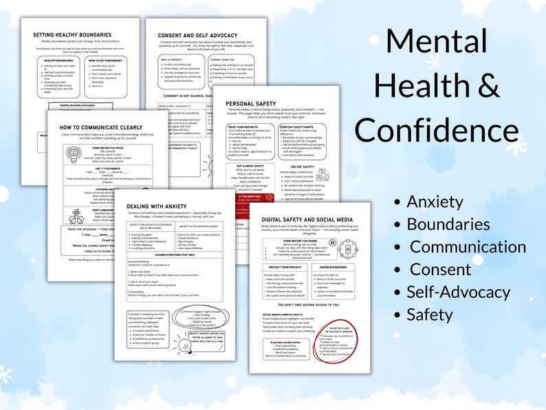 Pu&ograve; includere: Una raccolta di fogli informativi in bianco e nero su argomenti di salute mentale, tra cui ansia, confini e consenso. Il titolo "Mental Health & Confidence" &egrave; visualizzato con elenchi puntati che elencano gli argomenti chiave.