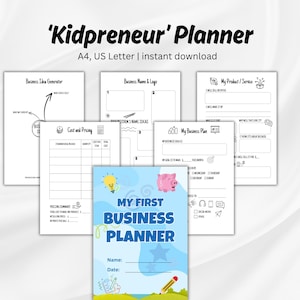 Puede incluir: Un conjunto de páginas de planificador imprimibles para niños, titulado "Kidpreneur Planner". La portada muestra "My First Business Planner" sobre un fondo azul claro, con una bombilla y una ilustración de cerdito. El planificador incluye páginas para ideas de negocios, análisis de costos, etc.