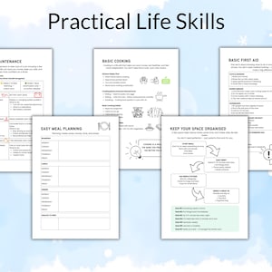 Pu&ograve; includere: Una raccolta di stampe su carta bianca con il titolo "Practical Life Skills". Gli argomenti includono manutenzione auto di base, cucina, pianificazione dei pasti, organizzazione e pronto soccorso. Il testo &egrave; nero su sfondo bianco.