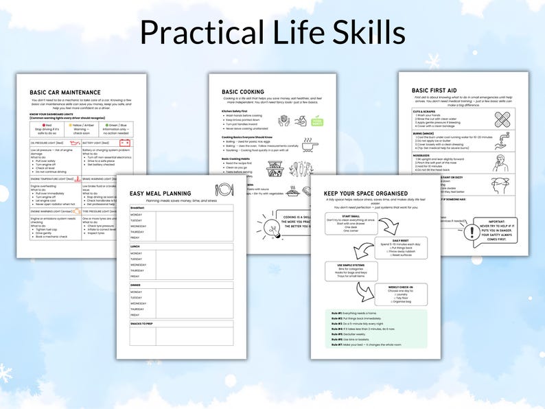 Pu&ograve; includere: Una raccolta di stampe su carta bianca con il titolo "Practical Life Skills". Gli argomenti includono manutenzione auto di base, cucina, pianificazione dei pasti, organizzazione e pronto soccorso. Il testo &egrave; nero su sfondo bianco.