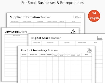 Puede incluir: Un paquete de seguimiento de inventario digital para pequeñas empresas y emprendedores. El paquete incluye plantillas para información de proveedores, alertas de bajo stock, seguimiento de activos digitales e inventario de productos. La imagen muestra 14 páginas de plantillas imprimibles.