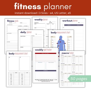 Op de afbeelding: Een printbare fitnessplanner met 50 pagina's, inclusief een weekplanner, dagplanner, trainingsschema, doeltracker, macrotracker en lichaamsmetingstabellen. De planner is verkrijgbaar in drie formaten: A4, US Letter en A5.
