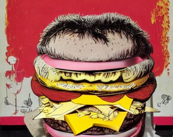 May include: A multi-layered burger with a pink bun, yellow cheese, and red and brown toppings. The burger is on a white paper surface.