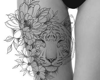 Fine Line Tiger Floral Temporary Tattoo