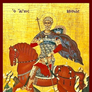 Saint Menas -  Greek Orthodox Christian Byzantine wooden icon