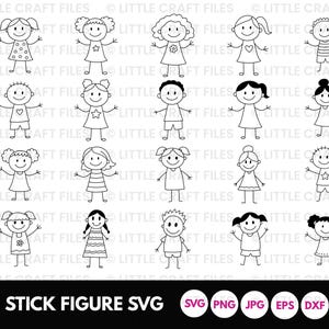May include: A collection of black and white stick figure illustrations of children. Each figure has a simple design with arms outstretched and various hairstyles and clothing details. The text "STICK FIGURE SVG" is at the bottom, along with file type icons.