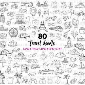 Könnte beinhalten: Eine Schwarz-Weiß-Illustration mit 80 Reise-Doodles. Das Bild enthält Symbole wie Flugzeug, Eiffelturm, Reisepass, Zug und mehr. Der Text "Travel doodle" wird in der Mitte angezeigt.