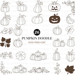 May include: A collection of 26 brown pumpkin doodle illustrations in SVG, PNG, and DXF formats. The set features various pumpkin shapes, jack-o'-lanterns, leaves, and vine flourishes, all presented as line art on a plain white background.