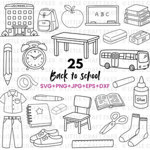 May include: Black and white line art illustrations of school-related items. Includes a school building, backpack, apple, chalkboard, books, desk, alarm clock, pencil, tape, shirt, jeans, notebook, shoes, bus, scissors, socks, and the text "Back to school".